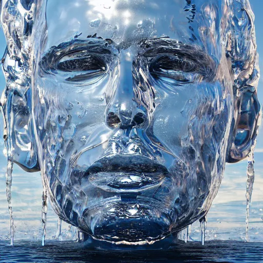 Image similar to a giant sculpture made out of water of a human head on the ocean water, cinematic, in the style of chad knight, long shot, hyper detailed, hyper realistic, ray tracing, 8 k resolution, sharp focus, realistic water, award winning