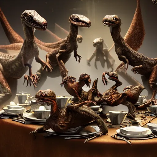 Image similar to velociraptors having a fancy tea party, photorealistic, high resolution, vray, hdr, hyper detailed, insane details, intricate, elite, ornate, elegant, luxury, dramatic lighting, octane render, weta digital, micro details, 3 d sculpture