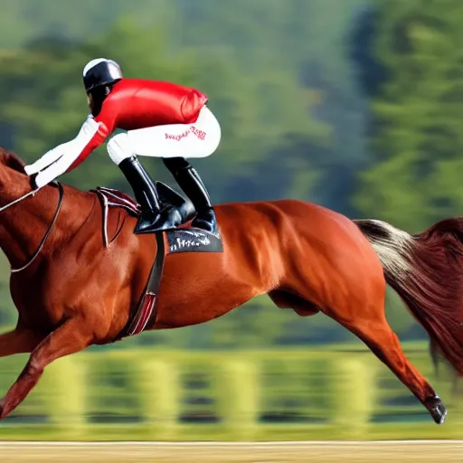 Image similar to horse in a jockey outfit riding a person on 4 legs in a race, high definition 4 k