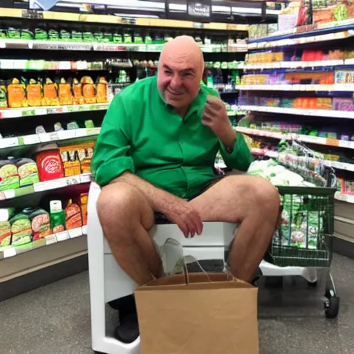 Prompt: mid white hair old man with green shirt and white short, sitting in simpson supermarket with kevin o'leary