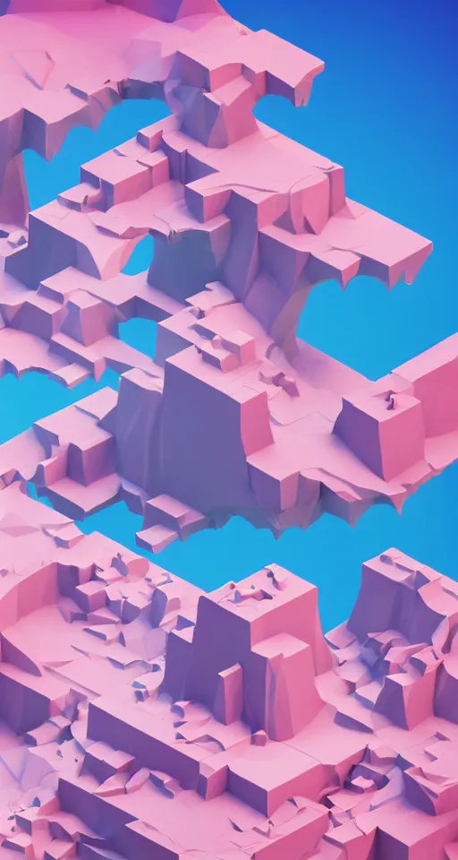 Image similar to matte 3d low poly cherry blossom island, pink waterfalls, isometric perspective on sky background, soft shadows, lat lighting, trending on artstation, 3d render, monument valley, fez video game,