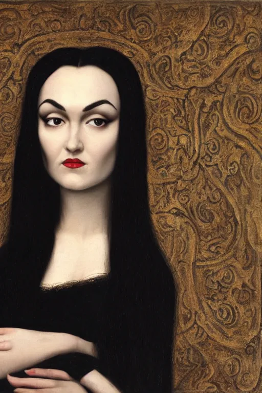 Prompt: beautiful face portrait of sasha grey as morticia addams, oil painting by nicholas hilliard, raphael, sofonisba anguissola