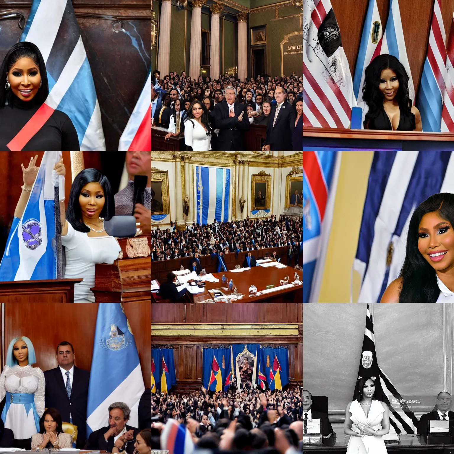 Image similar to Nicki Minaj president of Argentina, in the Argentine Congress, flags of Argentina behind, detailed picture