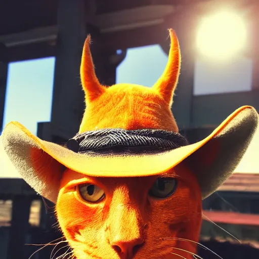 Prompt: a orange cat wearing a cow boy hat, golden hour