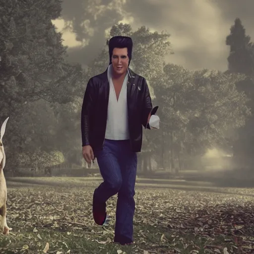 Image similar to hyperrealistic dslr film still of elvis on an easter egg hunt, stunning 8 k octane comprehensive 3 d render, inspired by istvan sandorfi & greg rutkowski & unreal engine, perfect symmetry, dim volumetric cinematic lighting, extremely hyper - detailed, extremely lifelike attributes & lifelike texture, intricate, masterpiece, artstation, stunning