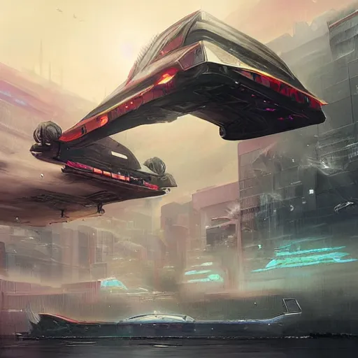 Image similar to A cyberpunk hovercraft flying trough the city, Magic the Gathering art, art by greg rutkowski, matte painting, trending on artstation, very detailed