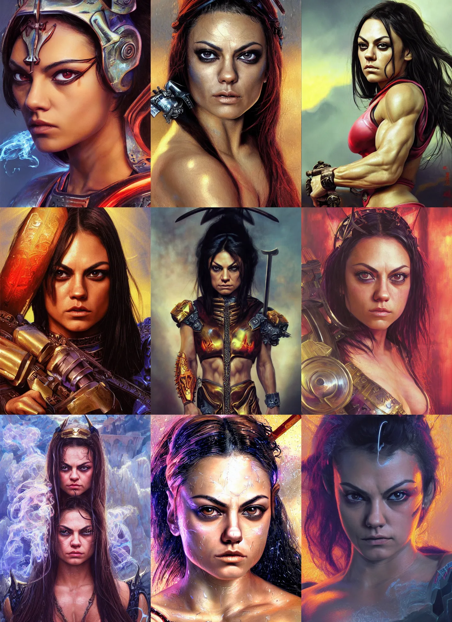 Image similar to bodybuilder mila kunis closeup portrait of a beautiful biblical diabolical samurai girl looking into the camera holding a sword, cyborg neon lit lsd armor, puffs of smoke, golden hour, gerald brom, mikhail vrubel, peter elson, muted pastel colors, extreme detail, light rain, trending on artstation, 8 k