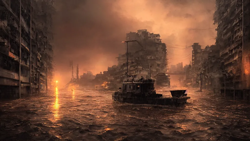 Image similar to dramatic Photorealistic, Matte Painting of a tug boat with bright head lights exploring post apocalyptic flooded ruined Hong Kong city street,Sunset,dark Tall empty buildings,Dark stormy waters by Greg Rutkowski,Craig Mullins,Hyperrealism,Beautiful dramatic moody lighting,Cinematic Atmosphere,Volumetric light rays,VRay Rendering,8K