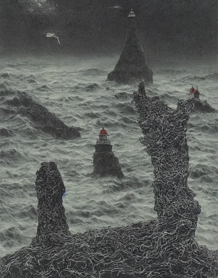 Prompt: worshippers in robes belonging to the cult of the lighthouse standing in waves with ravens flying overhead, a lighthouse, ravens, high detailed beksinski painting, part by adrian ghenie and gerhard richter. art by takato yamamoto. masterpiece, dark and moody, deep colours