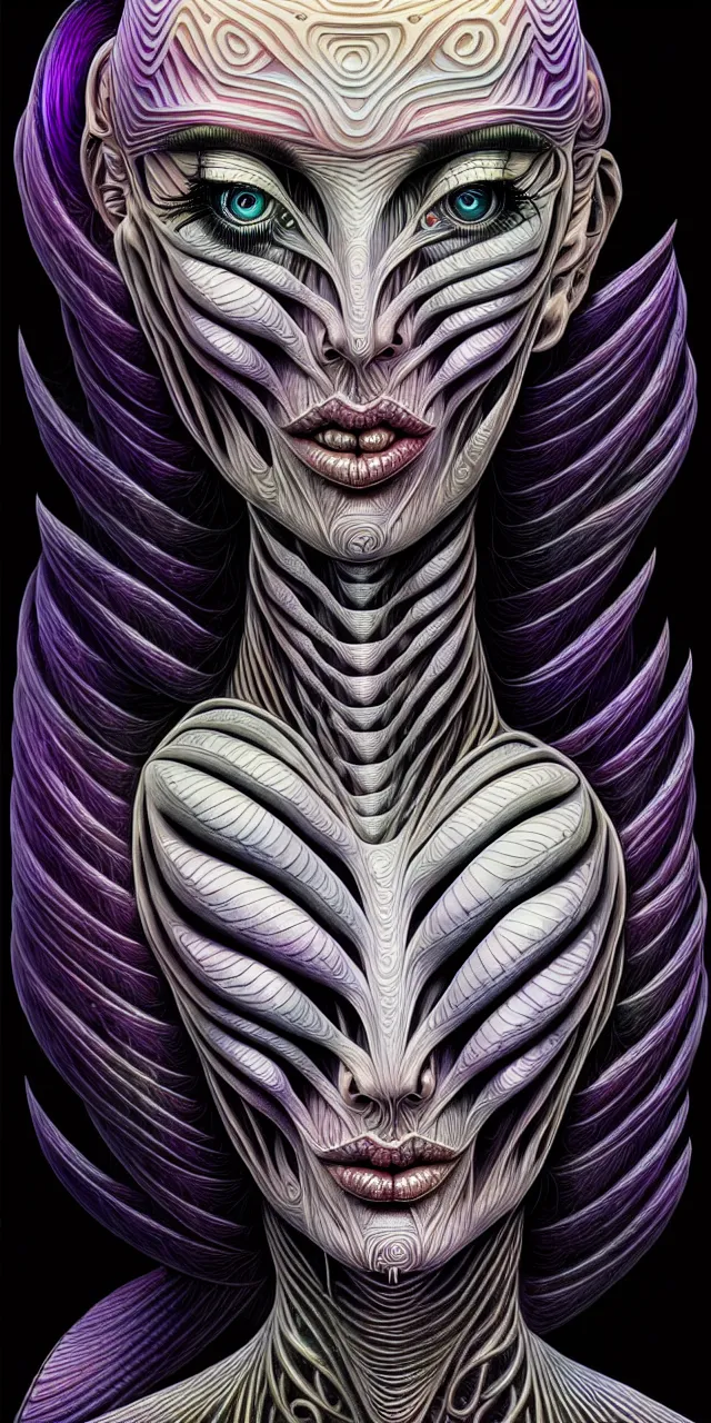 Prompt: android jones alex grey m. c. escher h. r. giger android jones alex grey mark cooper alien beauty alien cyborg machine goddess beauty alien machine deity artgerm artstation award winning photorealistic detailed hypervivid intense