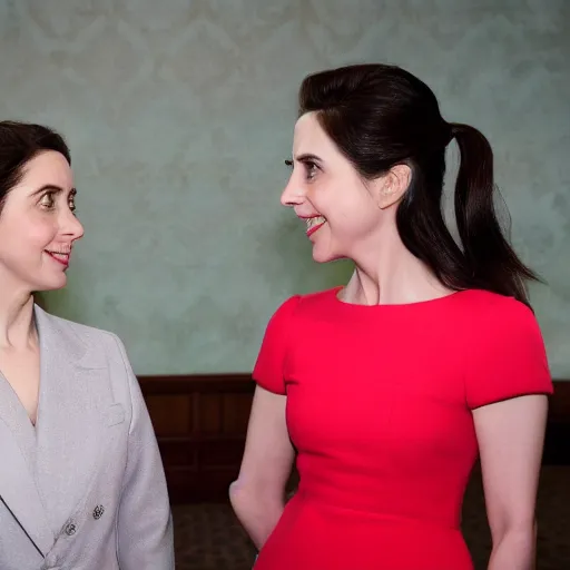 Prompt: close up shot of alison brie engaging peace talks with kim jong un. photography, photographic