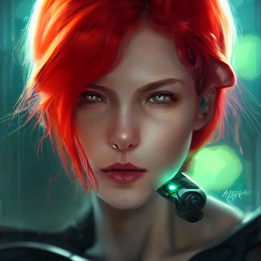 Image similar to a portrait of a beautiful cyborg girl, red hair, glowing green eyes, urban motifs, intricate, elegant, highly detailed, digital painting, trending on artstation, concept art, smooth sharp focus, illustration, art by artgerm and greg rutkowski