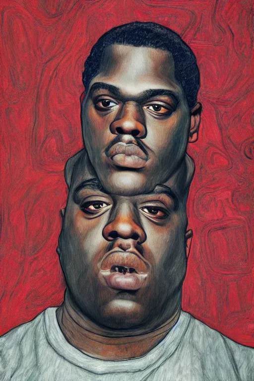 Image similar to a realistic portrait of biggie smalls in style of egon schiele, masterpiece, hyperdetailed, complex, intricate, 4 k, trending on artstation