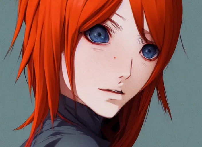 Image similar to portrait Anime girl with orange hair and freckles, cute-fine-face, white-hair pretty face, realistic shaded Perfect face, fine details. Anime. realistic shaded lighting by (((Ilya Kuvshinov)))