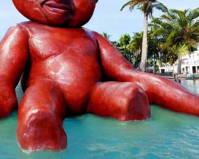 Image similar to a giant sculpture of will smith as a gummy bear on the ocean water, award winning, hyper - realistic, very detailed, realistic water splashes, ray tracing, 8 k resolution, long - shot, sharp focus, low angle, 8 5 mm photograph, wide lens