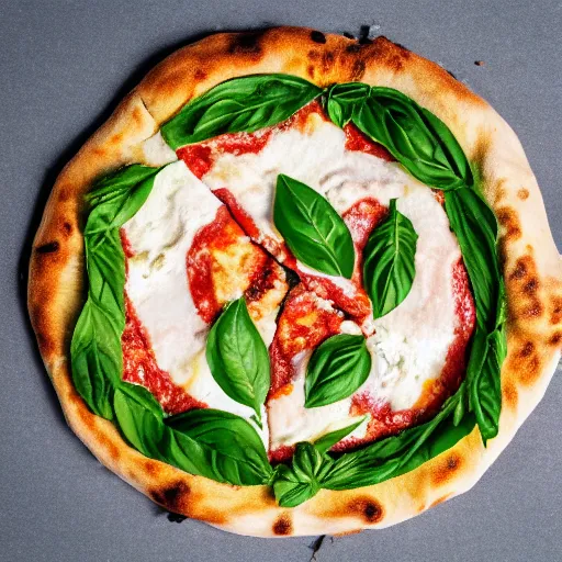 Prompt: A super realistic photograph of a Neapolitan pizza with a puffy crust with mozzarella di buffala and basil leaves, award winning, ultra detailed, 4k , photo taken in a 40 degree angle