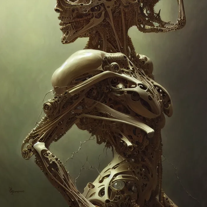 Image similar to organic cyborg, bone, diffuse lighting, fantasy, intricate, elegant, highly detailed, lifelike, photorealistic, digital painting, artstation, illustration, concept art, smooth, sharp focus, art by john collier and albert aublet and krenz cushart and artem demura and alphonse mucha