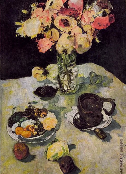 Image similar to a surreal painting of a breakfast still life, flowers, by George Baselitz, symbolist, soft colors, dramatic lighting, smooth, sharp focus, extremely detailed, aesthetically pleasing composition