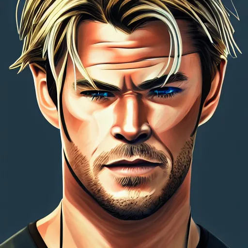 Image similar to Chris Hemsworth in an anime portrait style, intricate, detailed, photorealistic, trending on artstation, studio lighting, 4k, 8k