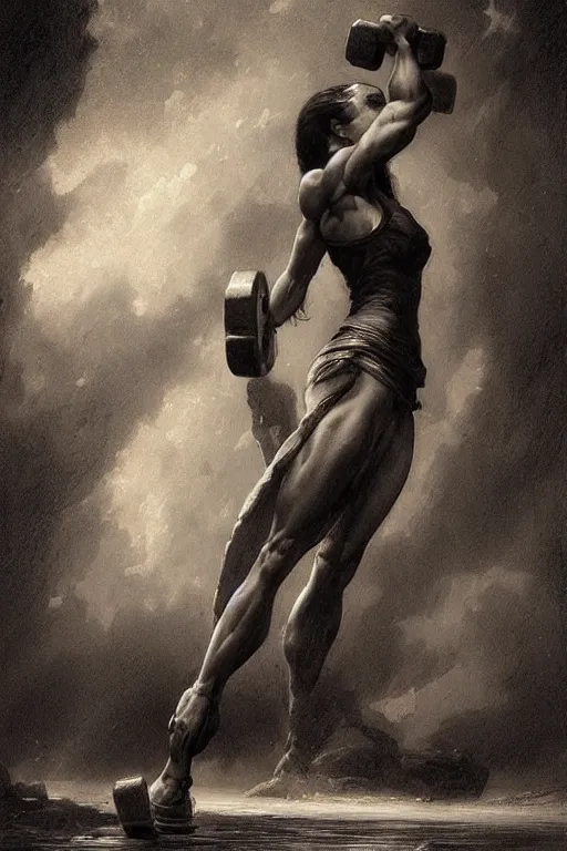 Prompt: muscular heroine, standing in front of a squat rack, with her foot on top of a pile of dumbbells - in the style of greg rutkowski, by Gustave Doré, by Marco Turini, by Artgerm, Deviantart in the style of Tom Bagshaw, Cedric Peyravernay, Peter Mohrbacher by William-Adolphe Bouguereau,4k,