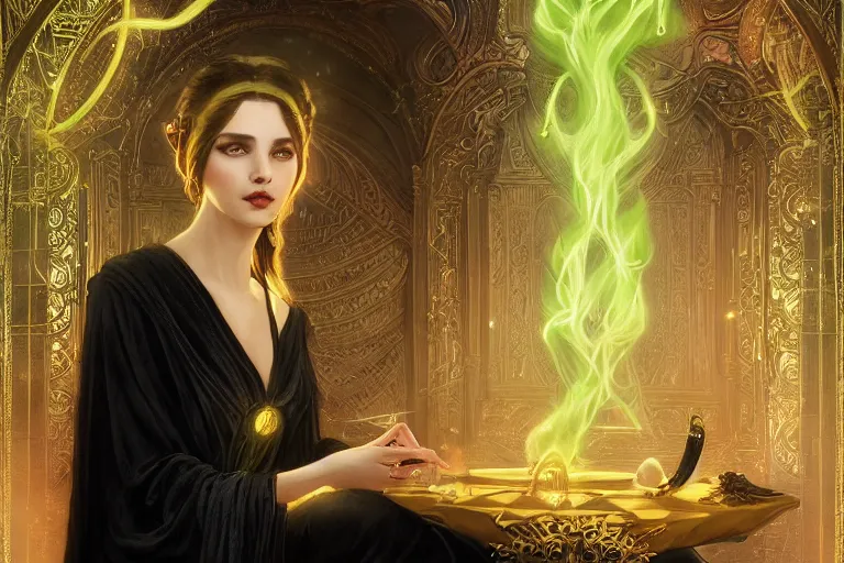 Prompt: a beautiful young dark sorceress wearing a black robe with gold embroidery, sitting at table, casting a spell, green glows, painted by artgerm and tom bagshaw and alphonse mucha, in the style of magic the gathering, highly detailed digital art