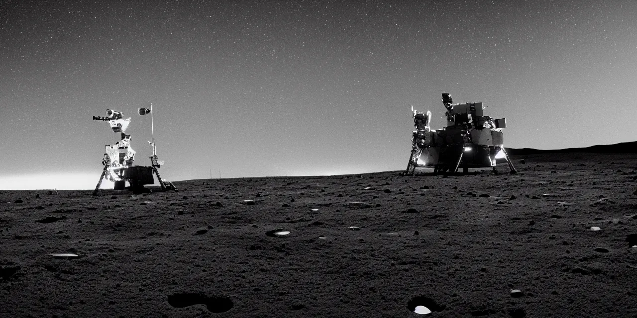 Prompt: black and white photo from the surface of the moon, glowing landing lights on spaceship, stars and space in the background, interstellar, christoper nolan, cinematic film still, sharp focus, high contrast, wide angle view, 4 k