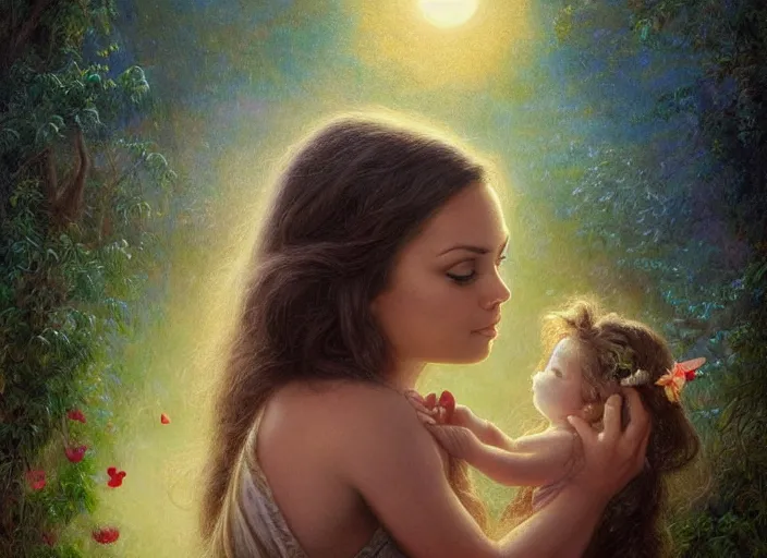 Image similar to Mila Kunis staring into the camera singing a lullaby, fireflies, full moon, Lilia Alvarado, Sophie Anderson, Mark Arian, Bob Byerley, Charlie Bowater, Mark Brooks, Steve Henderson, Justin Gerard, Arthur Hughes, Edward Robert Hughes, Mark Keathley, Victor Nizovtsev, Carlos Shwabe, Ross Tran, WLOP