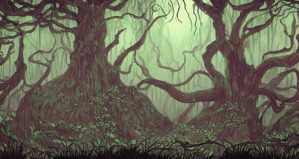 Prompt: A dense and dark enchanted forest with a swamp, by Rebecca Sugar