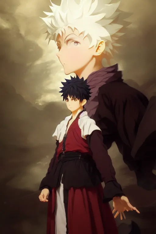 Image similar to baroque oil painting full body portrait character concept art, anime key visual of killua zoldyck studio lit directed gaze, trending on pixiv fanbox, painted by greg rutkowski makoto shinkai takashi takeuchi studio ghibli