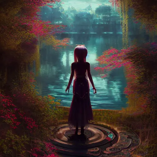 Prompt: painting, nicolas cage as a beautiful young girl in intricate clothing by ross tran, walking in a castle, lake painted by sana takeda, rtx reflections, very high intricate details, digital anime art, medium shot, mid - shot, composition by ilya kuvshinov, lighting by greg rutkowski