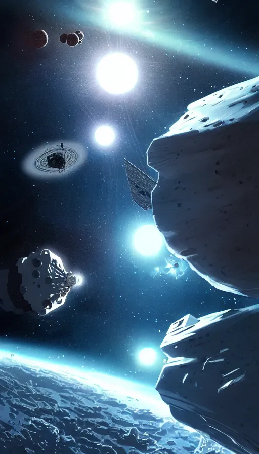 Image similar to Sci-fi illustration of a asteroid crushing space station by Pascal Blanché