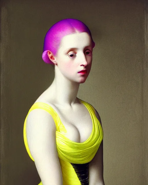 Image similar to photo-realistic portrait of a young pale woman with lilac hair buns, wearing a neon yellow dress by Vivienne Westwood, intricate details, cyberpunk, super-flat, in the style of Jean Auguste Dominique Ingres, black background