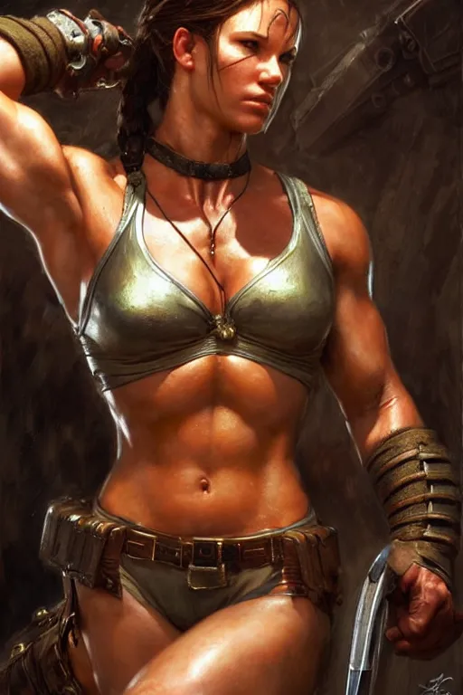 Image similar to muscular sweat lara croft wearing final fantasy armor, exhausted face close up, highly detailed painting by gaston bussiere, craig mullins, j. c. leyendecker 8 k