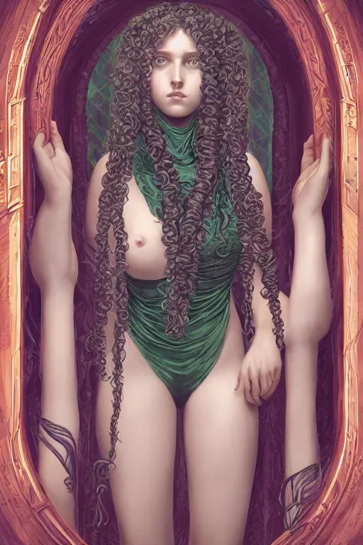 Image similar to Pre-raphaelite Perfectly-centered Hyperdetailed Hyper realistic symmetrical cinematic RPG digital art portrait-illustration of beautiful teenager Medusa in a highschool locker room, snakes for hair, style of epic sci-fi comic-book cover, 3D rim light, octane, cgsociety, smooth, sharp focus