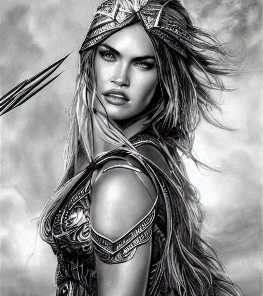 Image similar to portrait of megan fox as beautiful aphrodite goddess as an archer, arrow crown, beautiful piercing eyes, flowing blonde hair, realistic face, black and white drawing, in the style of greg rutkowski, fantasy, amazing detail, epic, intricate, elegant, smooth, sharp focus