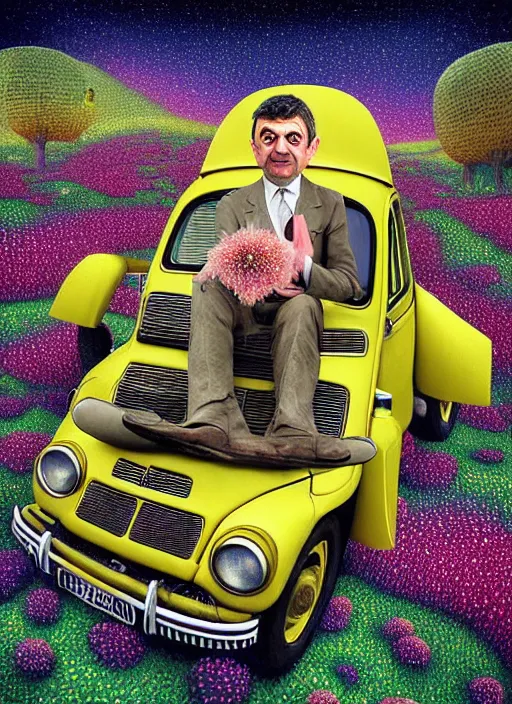 Image similar to hyper detailed 3d render like a Oil painting muted colors - slightly silly portrait of Rowan Atkinson cross eyed as Mr. Bean atop his yellow beetle in Aurora seen tickling of the Strangling network of yellowcake aerochrome and milky Fruit and Her delicate Hands hold of gossamer polyp blossoms bring iridescent fungal flowers whose spores black the foolish stars by Jacek Yerka, Mariusz Lewandowski, Houdini algorithmic generative render, Abstract brush strokes, Masterpiece, Edward Hopper and James Gilleard, Zdzislaw Beksinski, Nicoletta Ceccoli, Wolfgang Lettl, hints of Yayoi Kasuma, octane render, 8k