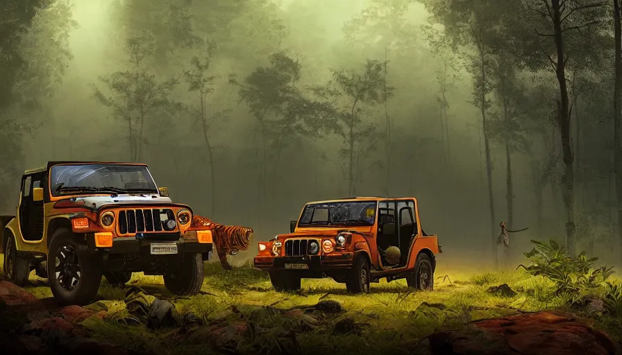 Image similar to Mahindra thar, in kerala forest, tigers and lions chasing, action scene, an epic fantasy, dramatic lighting, cinematic, establishing shot, extremely high detail, photorealistic, cinematic lighting, matte painting, artstation, by simon stalenhag, horizon forbideen west