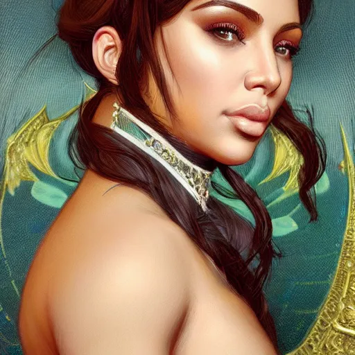 Image similar to portrait of a beautiful thick female, alexandria ortega cortez face, kim kardashian body, D&D, fantasy, intricate, elegant, highly detailed, digital painting, artstation, concept art, smooth, sharp focus, illustration, art by artgerm and greg rutkowski and alphonse mucha