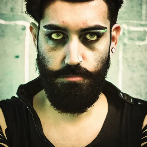 Prompt: bust portrait of handsome proud man mid 3 0 s with short black hair with grey hair, piercing in eyebrow, very short full beard, cyberpunk, fashion editorial photography, neon color scheme, waist up, low angle