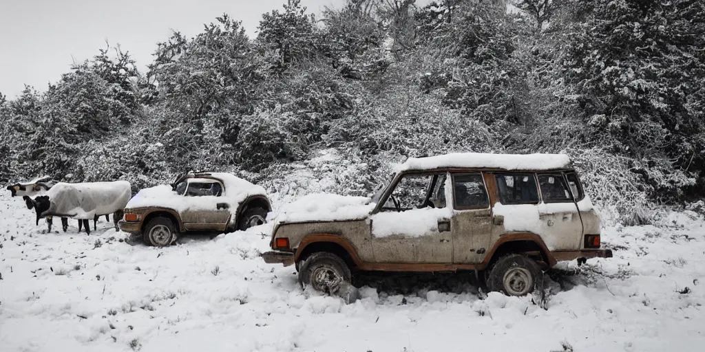 Image similar to a geo tracker parked in snow, surrounded by a herd of cows, photography