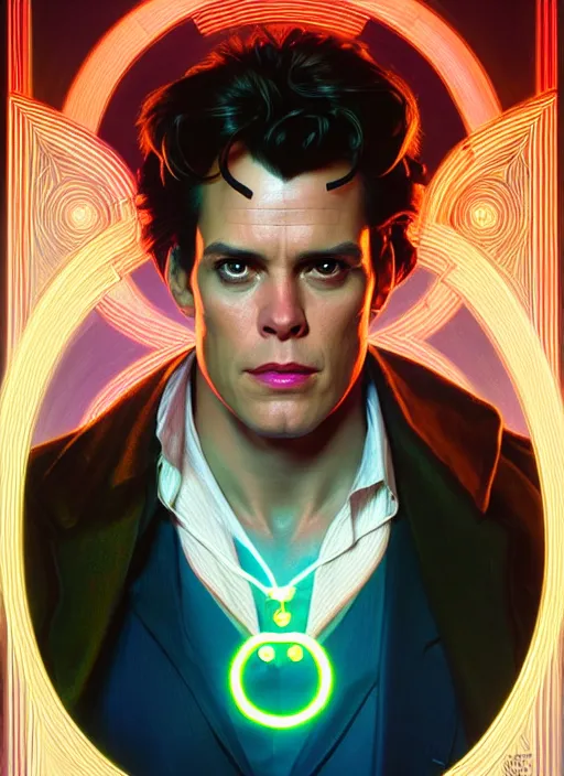 Image similar to symmetry!! portrait of ace ventura pet detective, chemisty, sci - fi, glowing lights!! intricate, elegant, highly detailed, digital painting, artstation, concept art, smooth, sharp focus, illustration, art by artgerm and greg rutkowski and alphonse mucha, 8 k