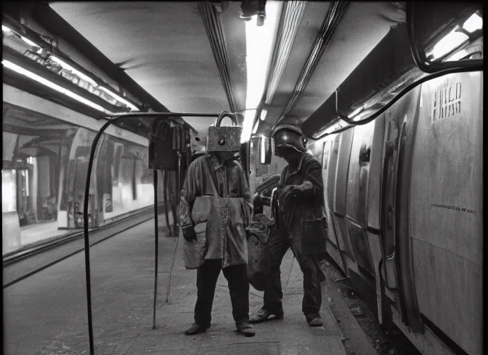 Prompt: welder in welding mask in a subway, by richard avedon, tri - x pan stock