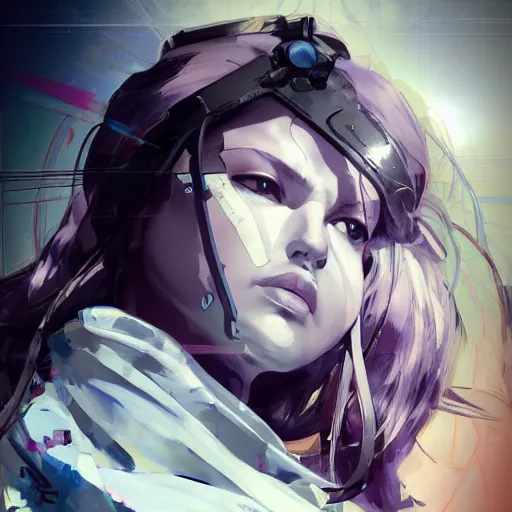 Prompt: a beautiful side portrait painting of an angelical nurse. she has a purple cross in her forehead. looks like an angel. art by yoji shinkawa and sandra chevrier, trending on artstation, award - winning, perfect composition.