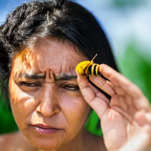 Prompt: mexican woman arguing with a bee, close - up, 4 k photorealism