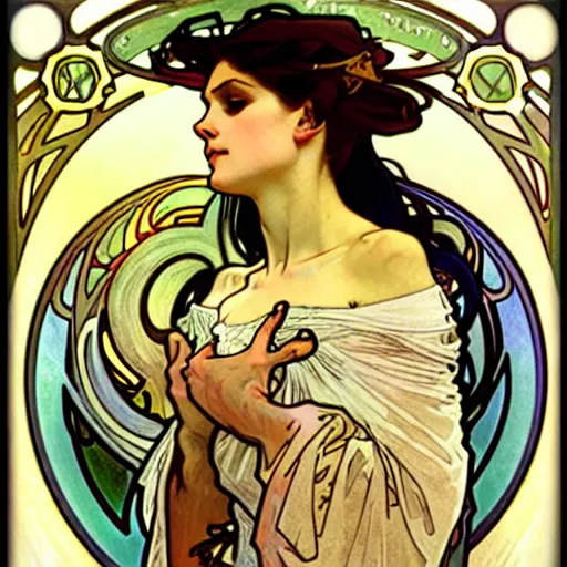 Image similar to art by alphonse mucha