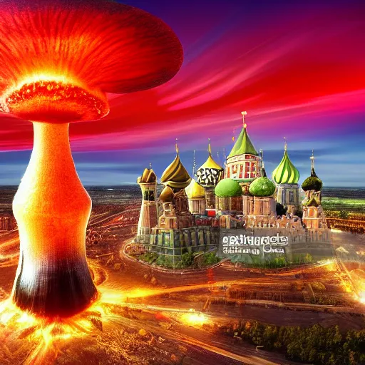 Prompt: a big nuclear explosion with realistic nuclear mushroom in Red Square Kremlin, dramatic lighting, cinematic, extremely high detail, photo realistic