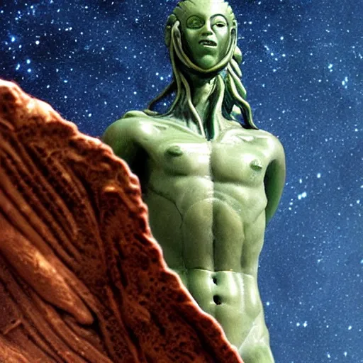 Image similar to alien god statue in orbit around neptune