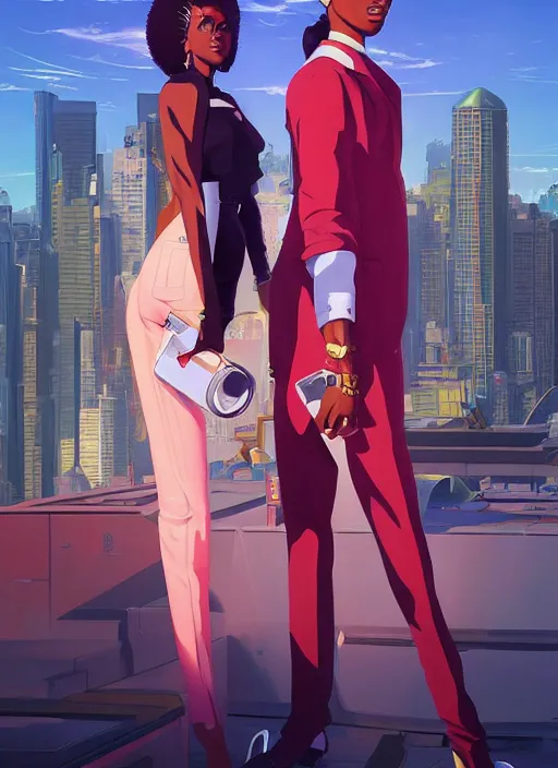 Image similar to afro - futurist hustlers, lavish lifestyle and money, expensive cars, fashionable, jacking the metaverse | hyperrealistic oil painting | by makoto shinkai, ilya kuvshinov, lois van baarle, rossdraws | afrofuturism, in the style of boondocks, trending on artstation | dark color scheme