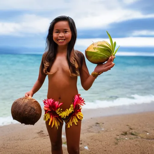 Prompt: hawaiian girl carrying two coconuts cut in half with straws on the beach