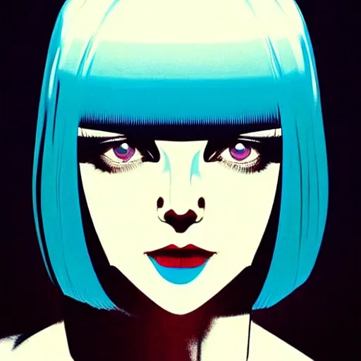 Image similar to woman with dark bobcut haircut with friendly blue eyes and slim features looking surprised, underground box office hit, satire and seventies italian horror movie, giallo, intricate, ultra detailed 8 k, best, cool, extremely beautiful and aesthetic shape of face and neck, art by hiroaki samura and ilya kuvshinov and rossdraws and andy warhol, inverted, epic